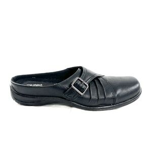 Easy Street Comfort Wave Women Size 8.5 Black Faux Leather Flat Mule Shoe Buckle
